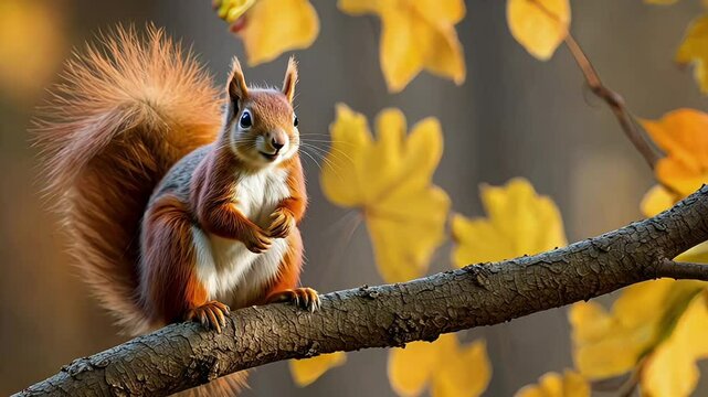 cute portrait with beautiful fluffy red squirrel sitting in autumn Park on a tree oak with bright Golden foliage