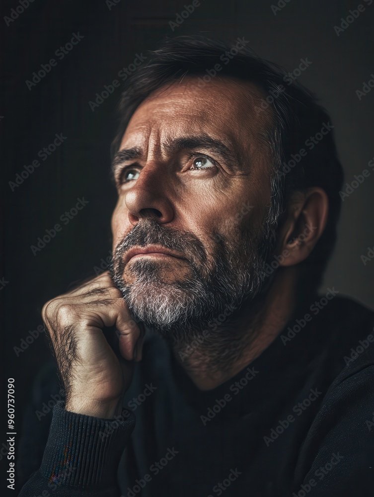 Poster a man with a beard gazes upward, deep in thought, contemplating various aspects of life in a dimly l