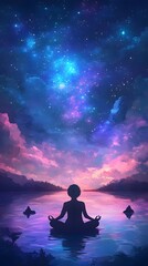 A person sitting in a lotus position, meditating with their eyes closed; a serene lake under the starry sky