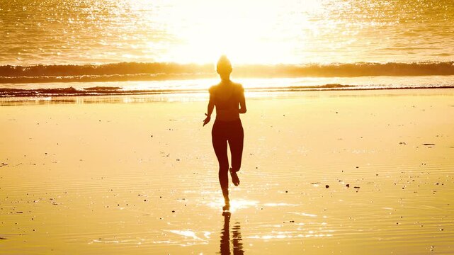 Athletic Asian woman jogging on the beach in Southern California. Slow motion.