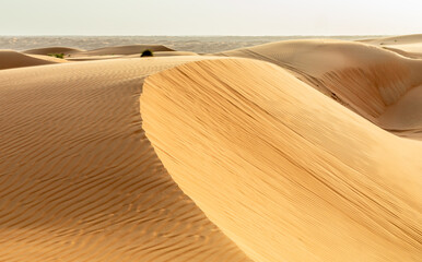 Big orange desert sand dunes in the middle of Wahiba desert, Oman