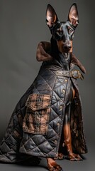 A dog is wearing a leather jacket and sitting on a black background