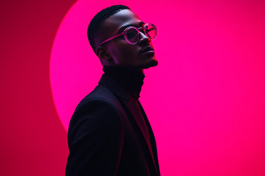 Stylish Men in Black Suit with Solid Neon Pink Modern Fashion Lifestyle Portrait Background