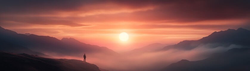 Serene sunrise over misty mountains with a lone figure standing on a peak, encapsulating the beauty of nature and tranquility in the early morning.