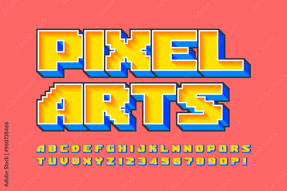 Aufkleber pixel vector alphabet design, stylized like in 8-bit games. high contrast and sharp, retro-futuristi