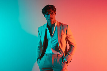 Trendsetting Beige Suit with Solid Neon Aqua Contemporary Fashion Lifestyle Portrait Background