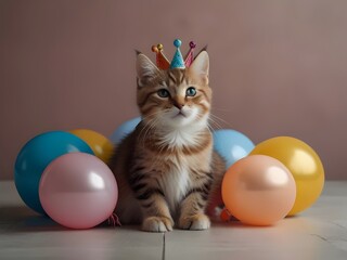 Cute Kitty in a Party Hat Surrounded by Balloons
