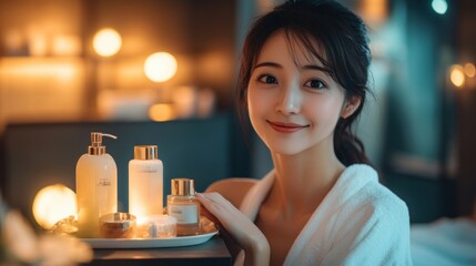 Woman in a Bathrobe with Beauty Products on a Tray