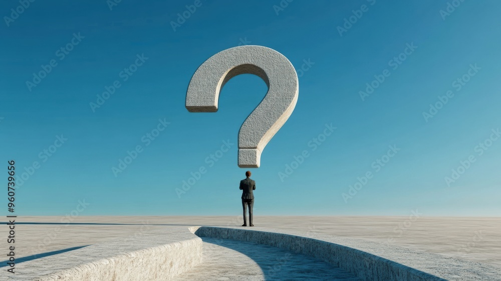 Poster a man standing on a path with question mark in the sky, ai
