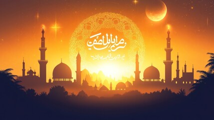 Ramadan Mubarak Greeting Card with Silhouetted Mosques