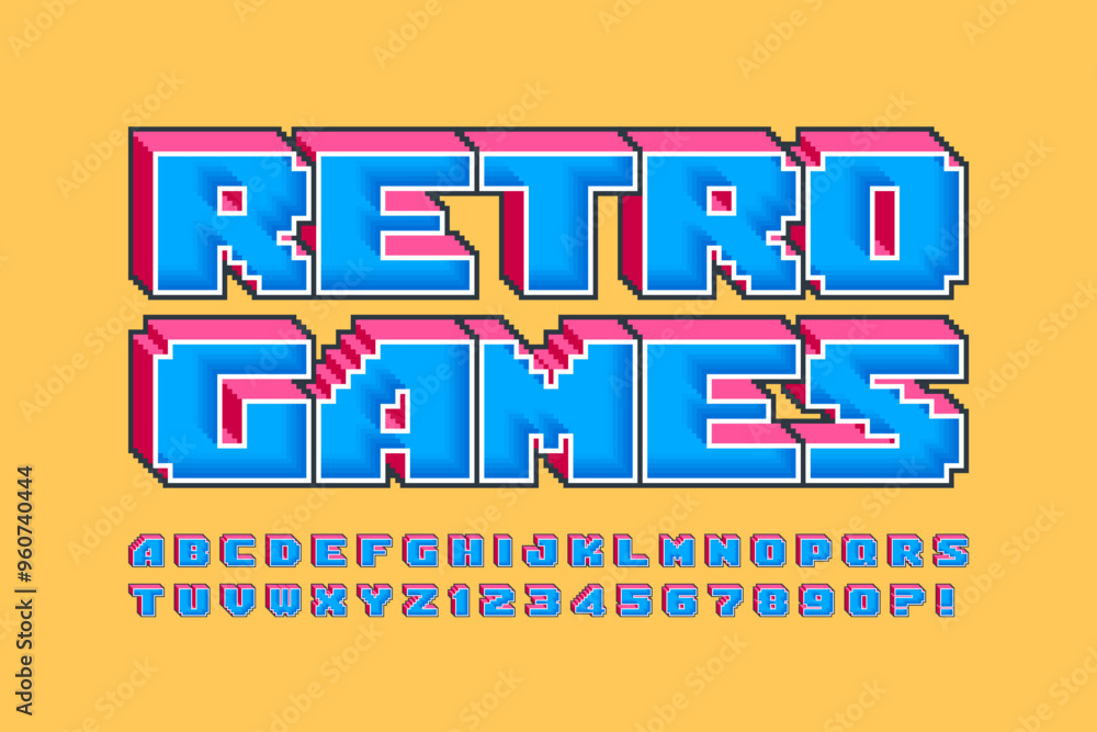 Poster pixel vector alphabet design, stylized like in 8-bit games. high contrast and sharp, retro-futuristi