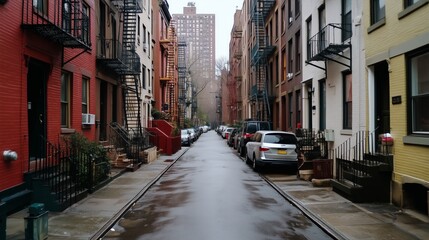 Obraz premium Historic narrow brownstone street, with fire escapes on buildings. AI generated
