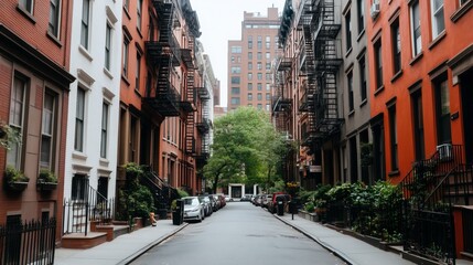 Obraz premium Historic narrow brownstone street, with fire escapes on buildings. AI generated