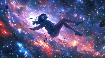 Naklejka premium A beautiful anime girl floating weightlessly in space, surrounded by a sea of stars, her headphones glowing softly as she listens to lofi hip hop
