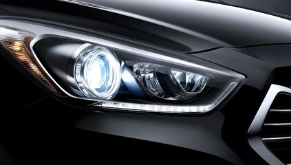 Close-up of the headlight on a black car with a white LED light strip