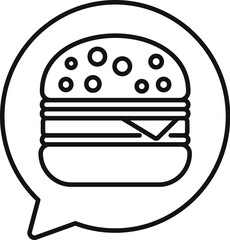 Simple black and white vector illustration of a cheeseburger inside a speech bubble representing talking about food