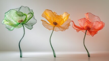 Colorful translucent flowers standing up on the floor in vibrant shades of green, yellow, and red with delicate stems against a simple background