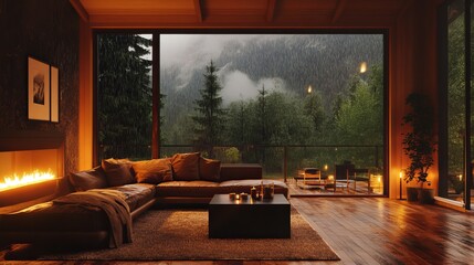 Cozy interior room design with rain