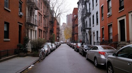 Obraz premium Historic narrow brownstone street, with fire escapes on buildings. AI generated