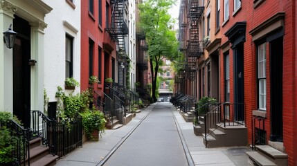 Historic narrow brownstone street, with fire escapes on buildings. AI generated