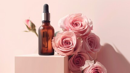Organic serum in amber glass bottle displayed with pink roses on cube stand.