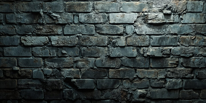 Fototapeta A textured, gray brick wall with rough, uneven surfaces, placed in a dimly lit industrial setting.