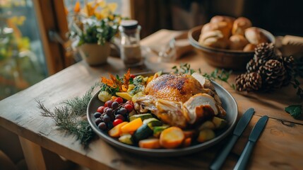 Simple and cozy Thanksgiving dinner featuring rotisserie chicken, vegetables, and a DIY centerpiece for a budget-friendly celebration