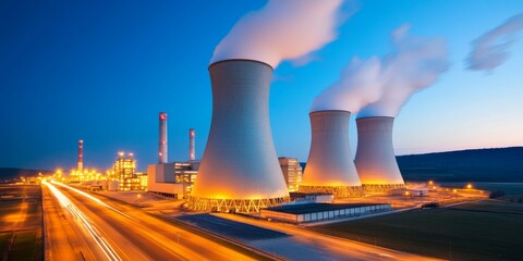 Nuclear power plant with cooling towers, glowing in the dark sky