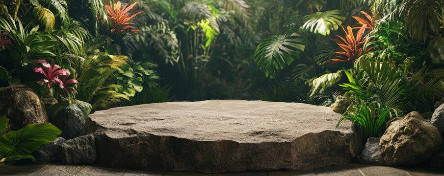 A stone podium with rough textures, set against a background of natural elements like plants and rocks, creating an earthy and organic atmosphere.