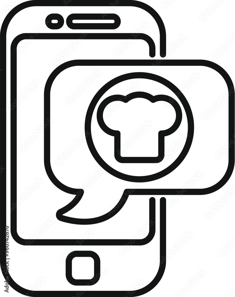 Poster simple line vector icon representing the concept of ordering food online using a mobile app