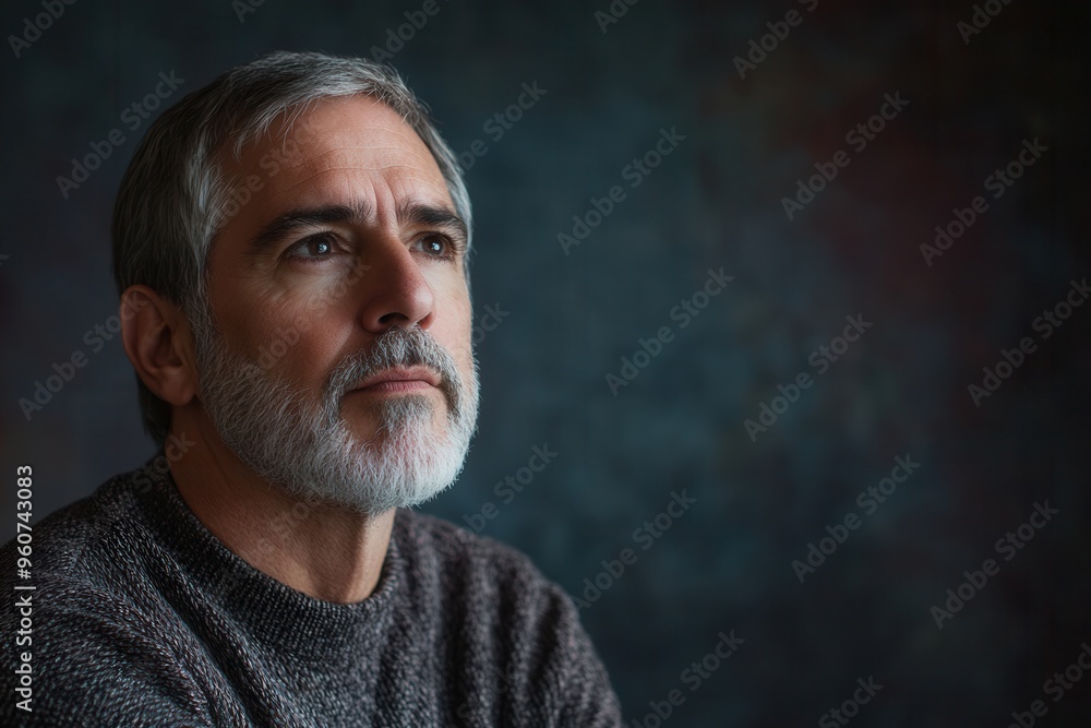 Aufkleber the man appears lost in deep thought, presenting a serious demeanor while softly illuminated by ambi