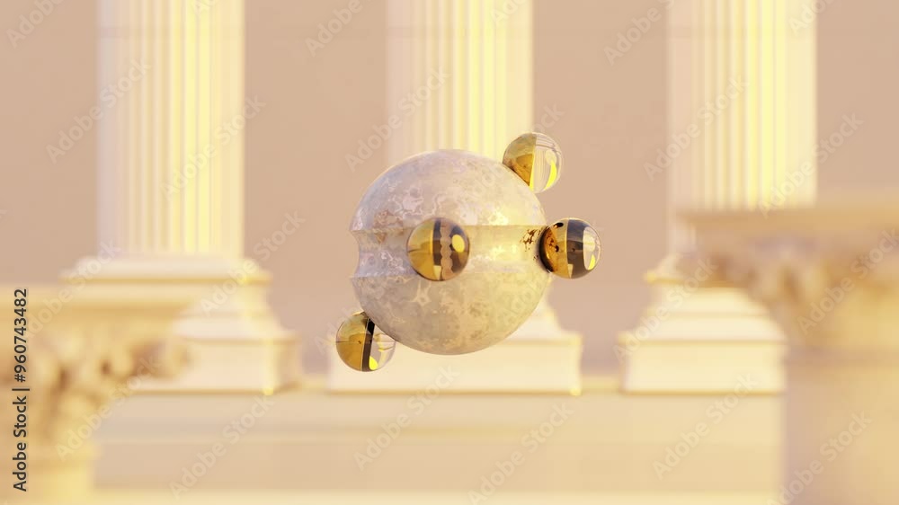 Poster 3d rendering of small shiny balls rotating on sphere near columns