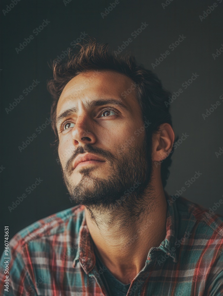 Aufkleber a man with a serious expression looks thoughtfully upwards, showcasing a moment of contemplation in 