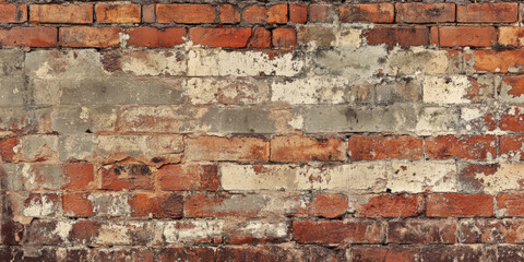Naklejka premium A rustic, aged brick wall with varying shades of red and brown, with chipped surfaces and patches of moss adding character.
