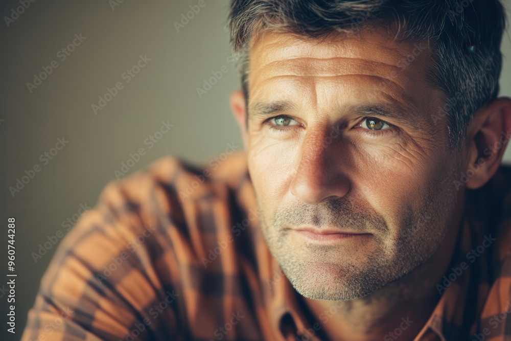 Aufkleber the man appears introspective and serious, contemplating life and its complexities while seated in a