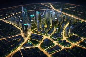 Detailed miniature smart city map with skyscrapers, green spaces and well lit roads, smart energy grids. Digital cityscape render
