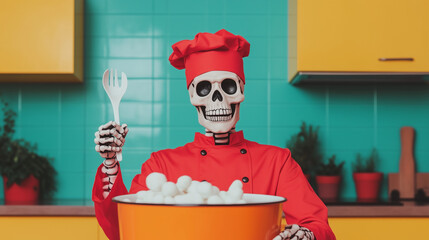 Skeleton chef in a red uniform is cooking a halloween meal with a fork in a vibrant kitchen for a spooky celebration