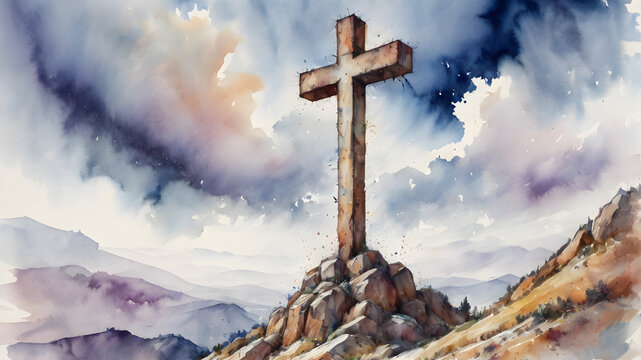 Watercolor illustration of a cross on a mountain, with soft, muted tones capturing the peaceful and spiritual atmosphere.For spiritual artwork or card designs.Generative AI