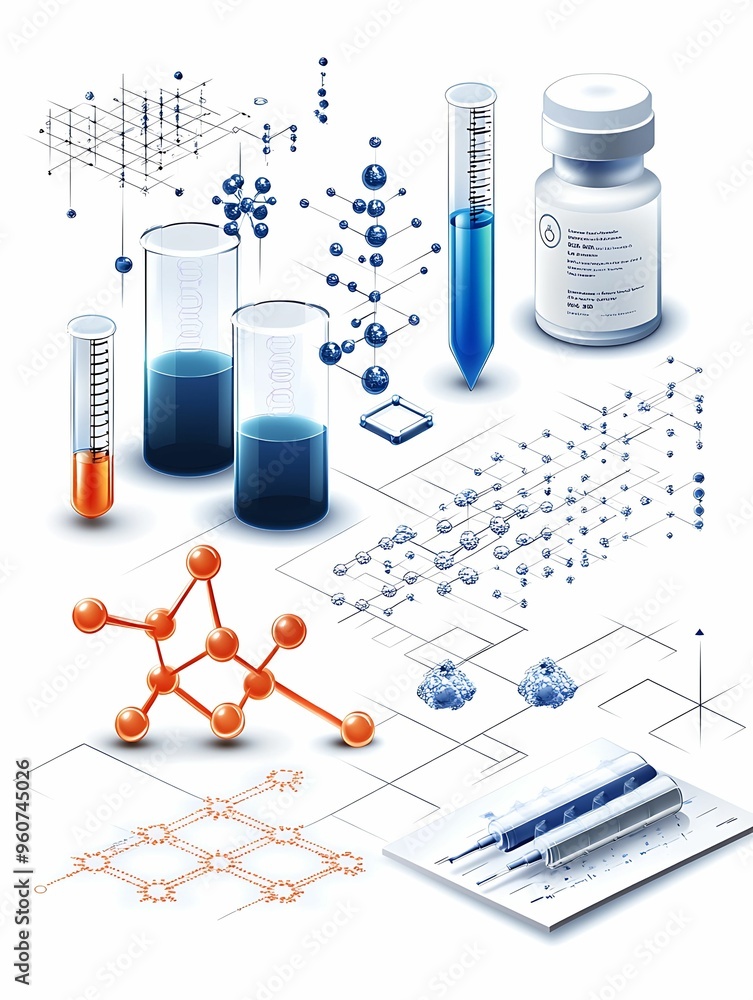 Poster molecular structures and dna strands in a professional biotech lab setting - isometric bright backgr