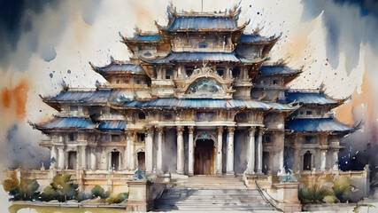 Obraz premium Watercolor illustration of a temple, featuring soft, flowing brushstrokes and natural colors.Architectural beauty and tranquil atmosphere of the sacred structure,for spiritual designs.Generative AI