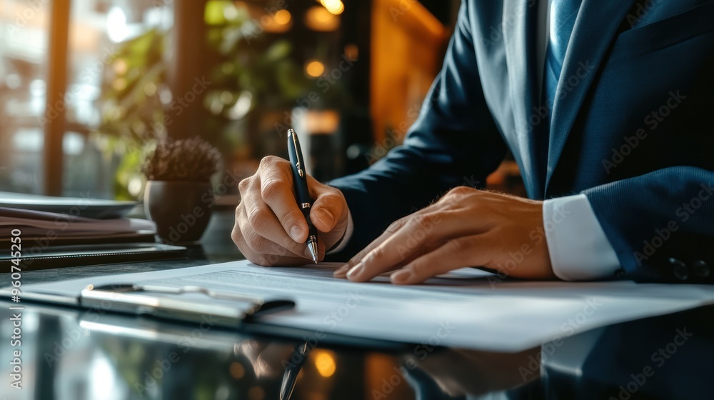 Poster a man in a suit writing on a document at a desk