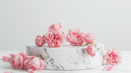 Marble podium with pink roses on white background for showcasing body care products.