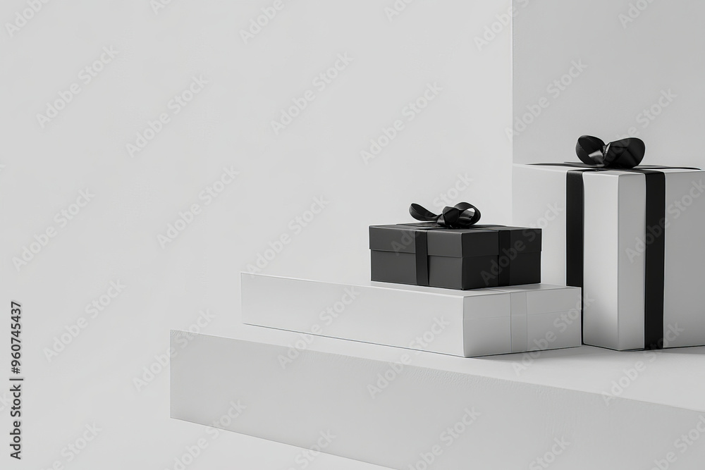 Aufkleber a minimalist background with sleek, monochrome gift boxes, placed on a clean, white surface with sha