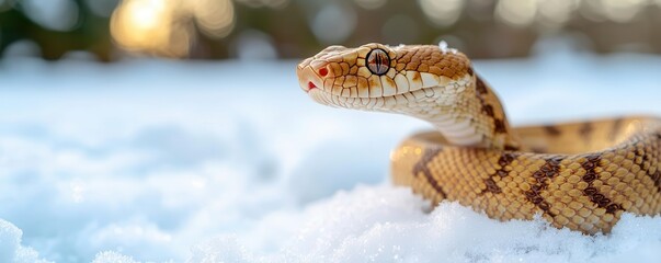 Fototapeta premium Snake in a snowy New Years landscape, 2025, winter celebration