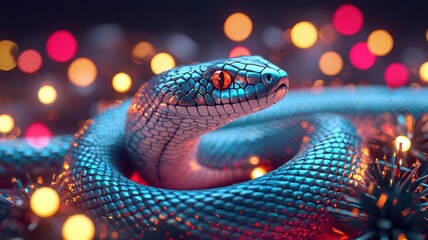 Snake sculpture surrounded by New Years lights, 2025, festive ambiance