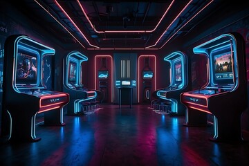 A futuristic arcade concept with neon lights and digital screens showing various game interfaces. Interior design