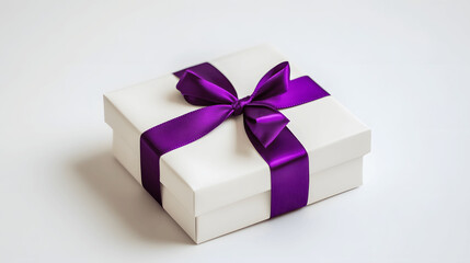 Obraz premium White gift box with purple ribbon on white backdrop