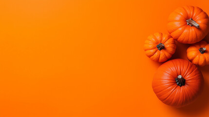 Four pumpkins creating a halloween themed background on orange surface with copy space