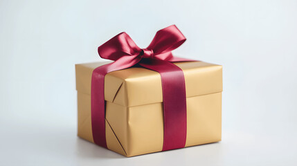Obraz premium Square gold gift box with red ribbon on white background