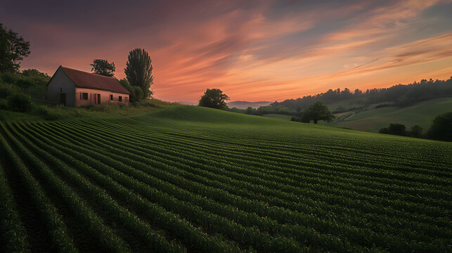 Small rural farmhouse with green fields and crops at sunset